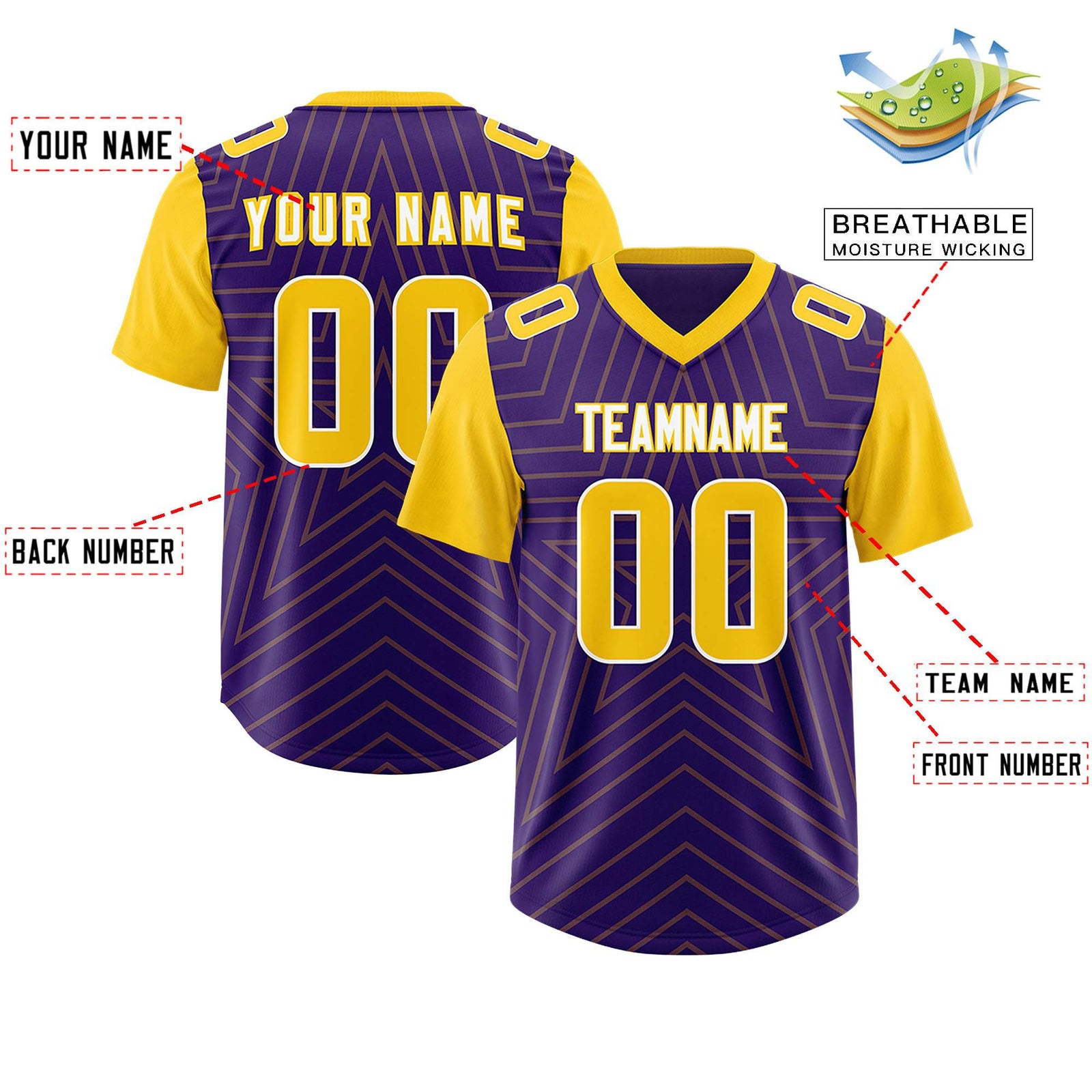 Custom Purple Gold Personalized Star Pattern Raglan Sleeves Authentic Football Jersey