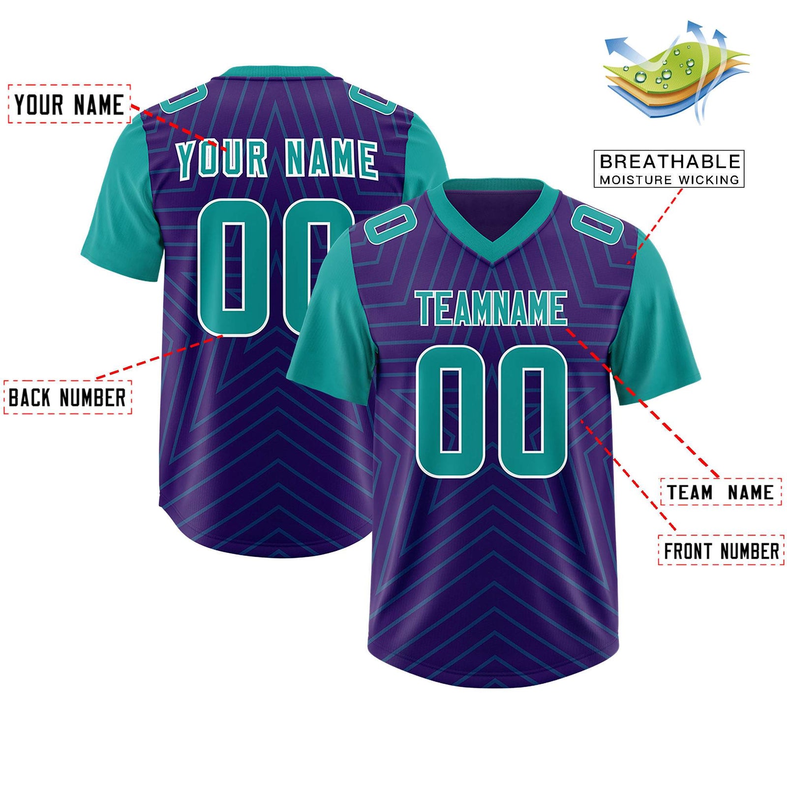 Custom Purple Aqua Personalized Star Pattern Raglan Sleeves Authentic Football Jersey