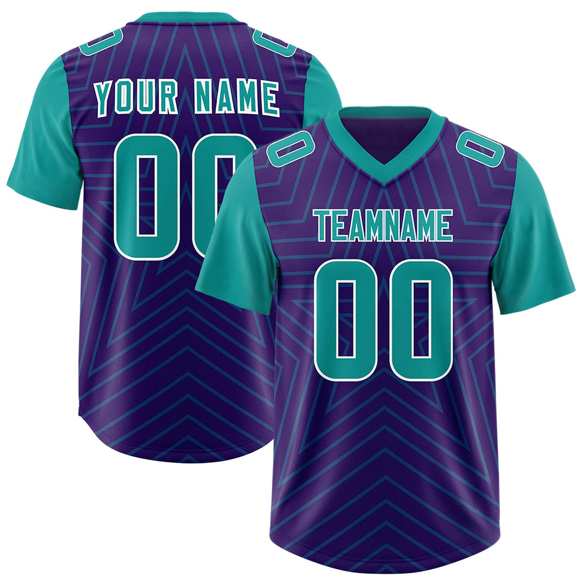 Custom Purple Aqua Personalized Star Pattern Raglan Sleeves Authentic Football Jersey