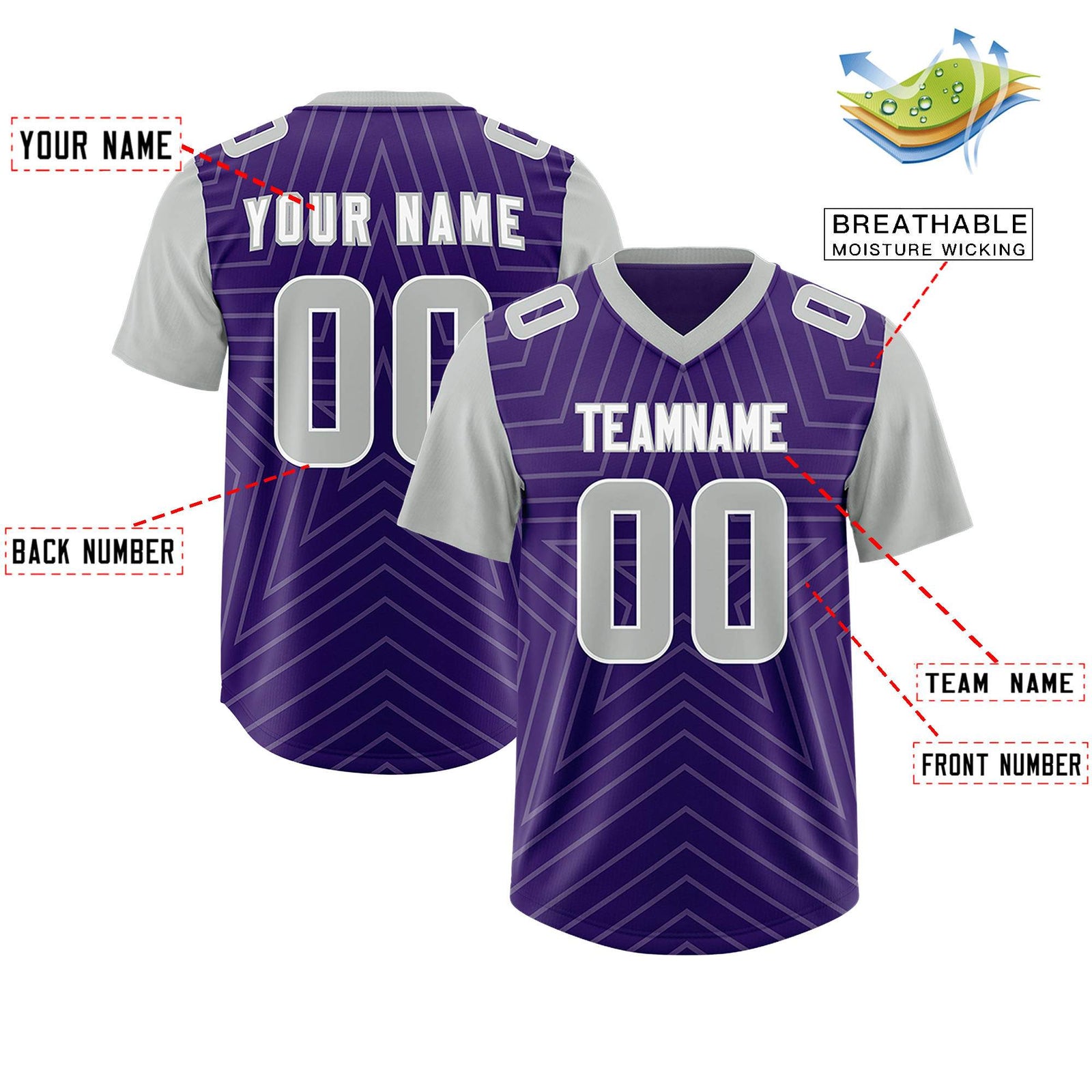 Custom Purple Gray Personalized Star Pattern Raglan Sleeves Authentic Football Jersey