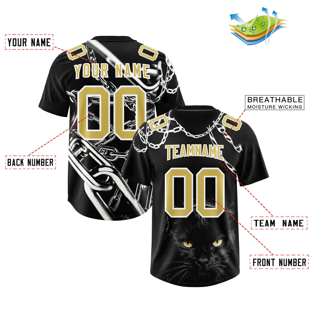 Custom Black Old Gold Graffiti Pattern Chains Football Jersey| KXKSHOP