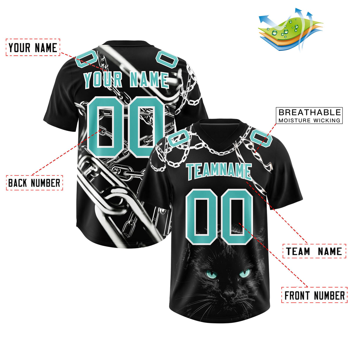 Custom Black Teal Graffiti Pattern Chains Football Jersey| KXKSHOP