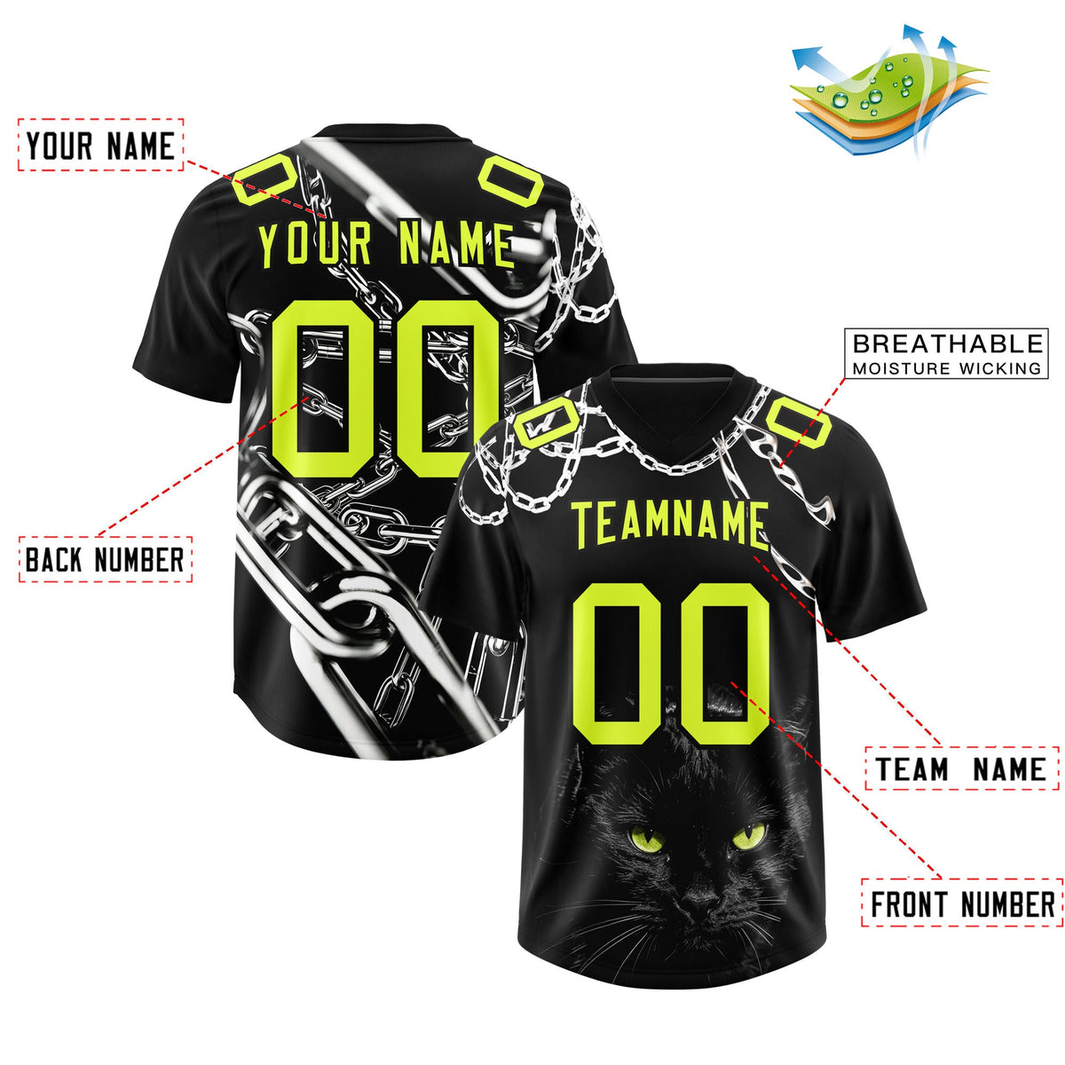 Custom Black Fluorescent Green Graffiti Pattern Chains Football Jersey| KXKSHOP