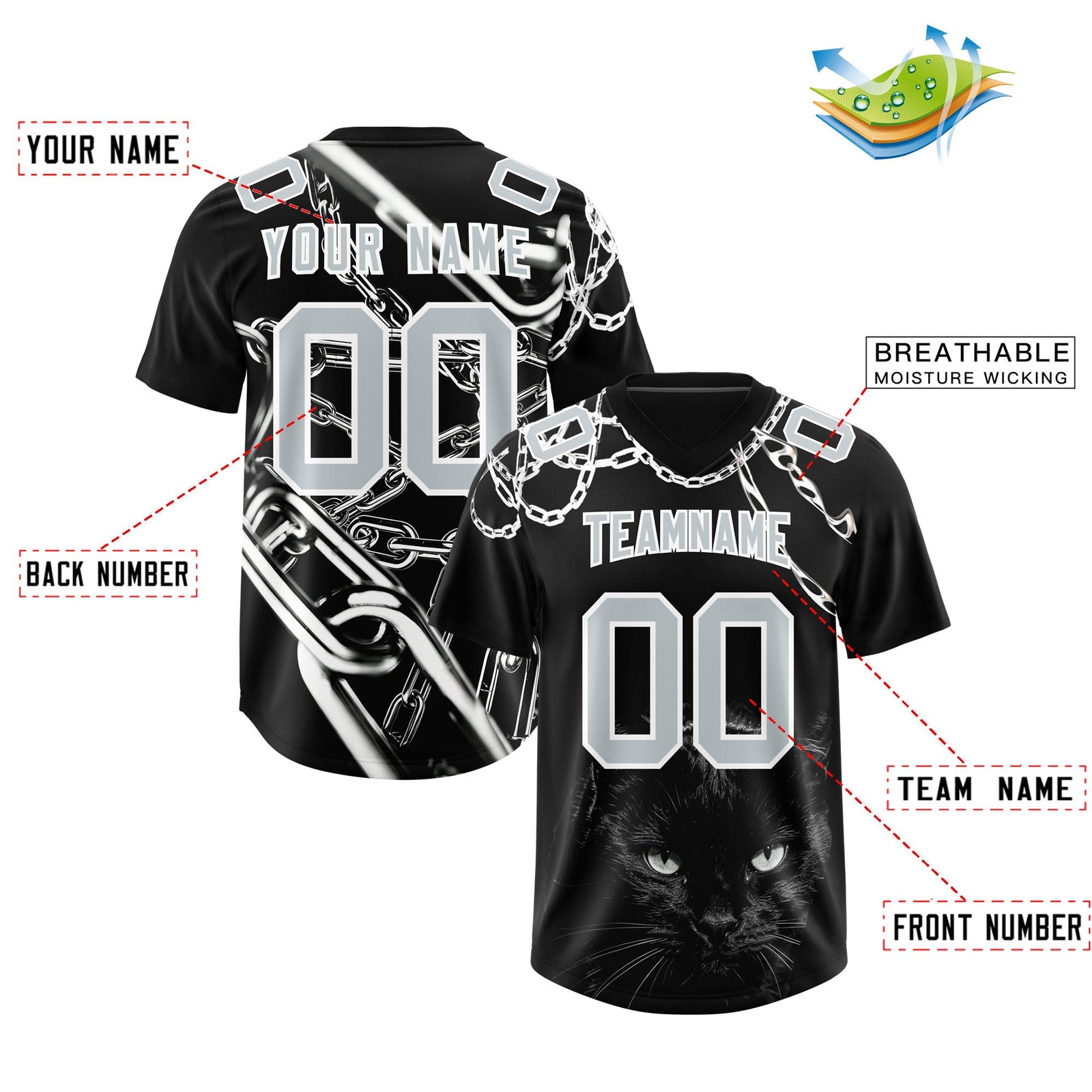 Custom Black Silver Graffiti Pattern Chains Football Jersey| KXKSHOP