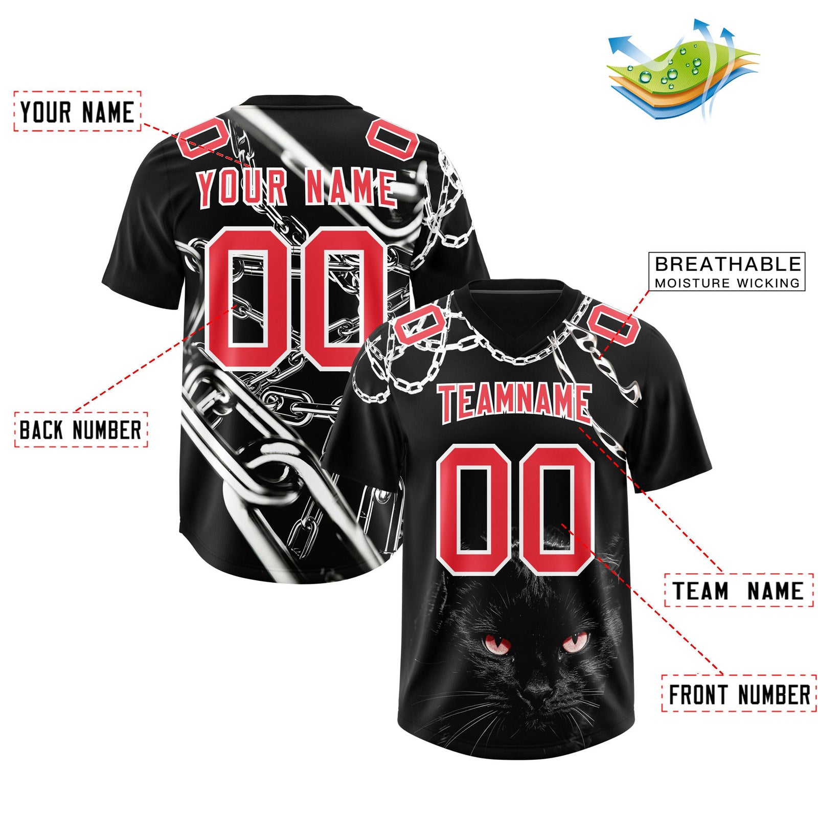 Custom Black Light Red Graffiti Pattern Chains Football Jersey| KXKSHOP