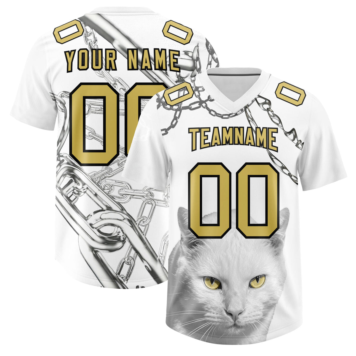 Custom White Old Gold Graffiti Pattern Chains Football Jersey| KXKSHOP