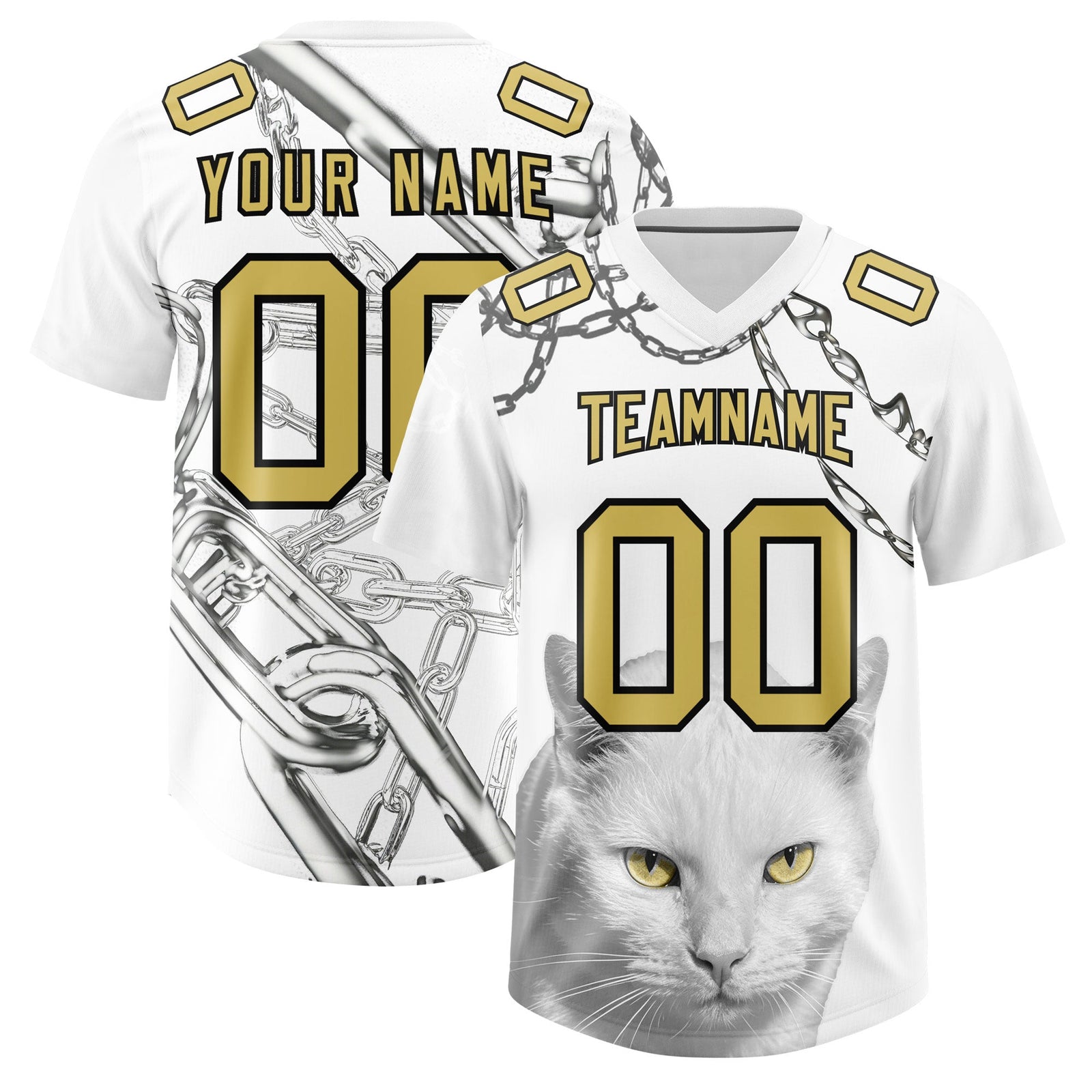 Custom White Old Gold Graffiti Pattern Chains Football Jersey| KXKSHOP