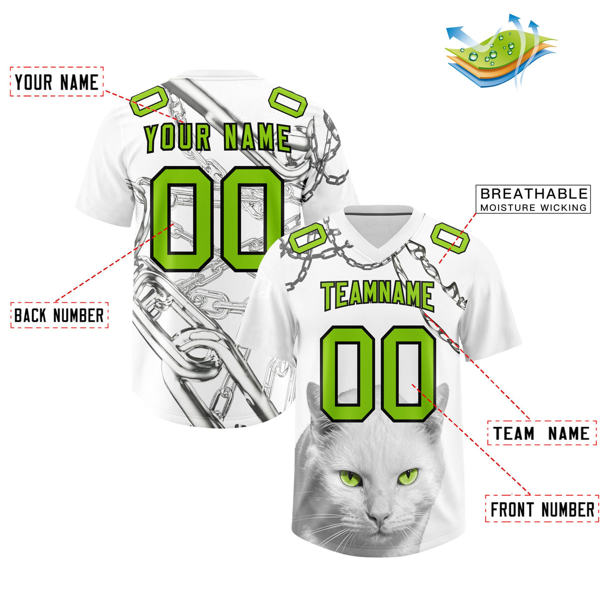 Custom White Neon Green Graffiti Pattern Chains Football Jersey| KXKSHOP