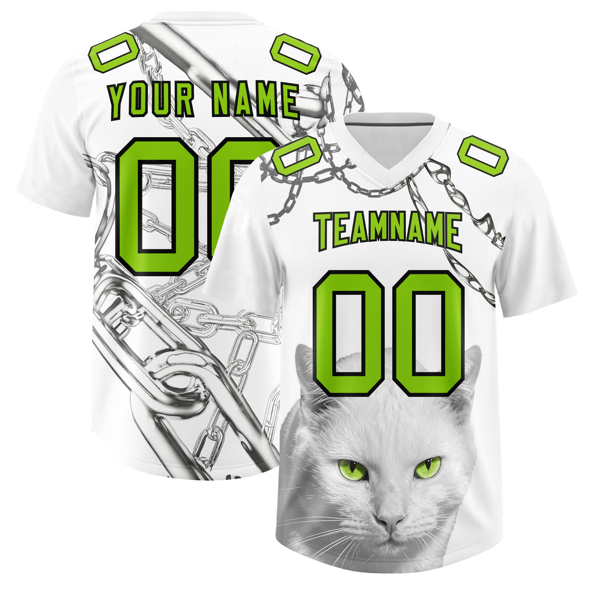 Custom White Neon Green Graffiti Pattern Chains Football Jersey| KXKSHOP