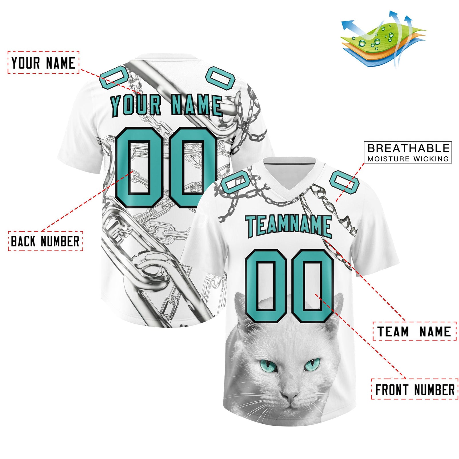 Custom White Teal Graffiti Pattern Chains Football Jersey| KXKSHOP