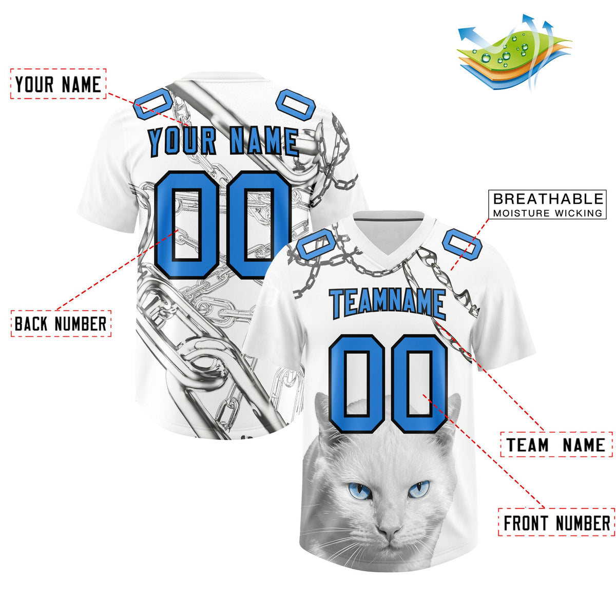 Custom White Light Blue Graffiti Pattern Chains Football Jersey| KXKSHOP