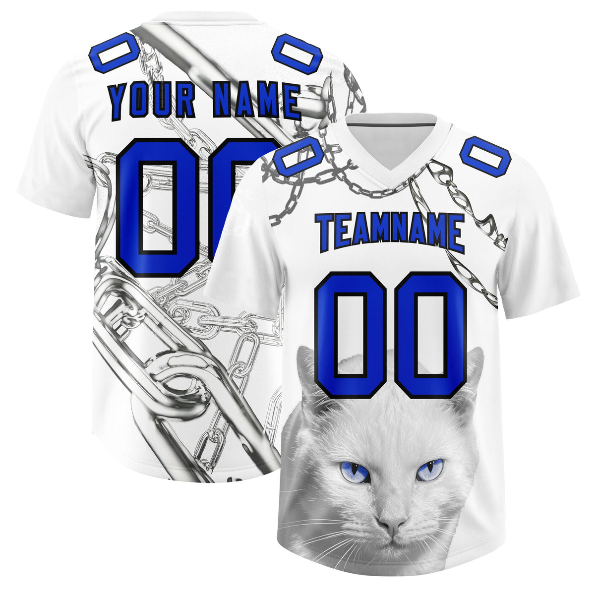 Custom White Blue Graffiti Pattern Chains Football Jersey| KXKSHOP
