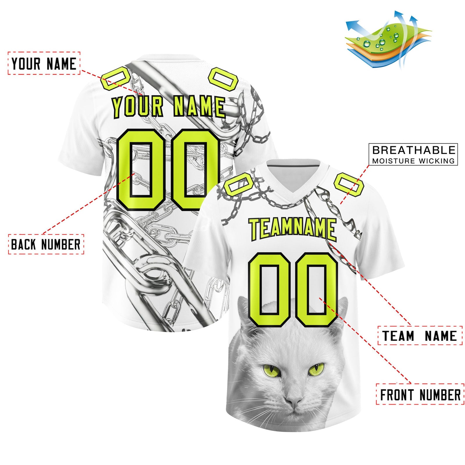 Custom White Fluorescent Green Graffiti Pattern Chains Football Jersey| KXKSHOP