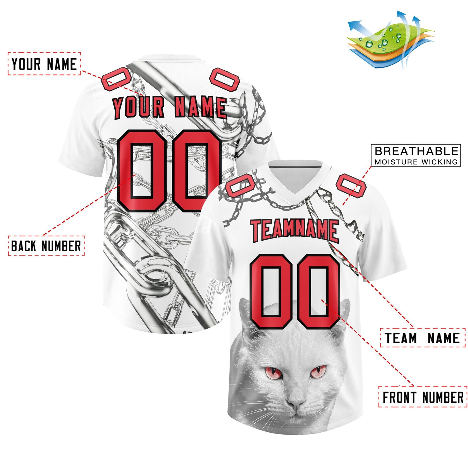 Custom White Light Red Graffiti Pattern Chains Football Jersey| KXKSHOP