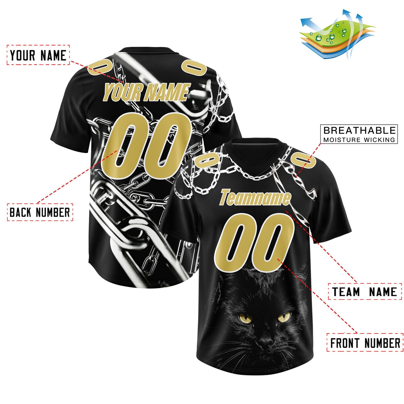 Custom Black Old Gold Graffiti Pattern Chains Football Jersey| KXKSHOP