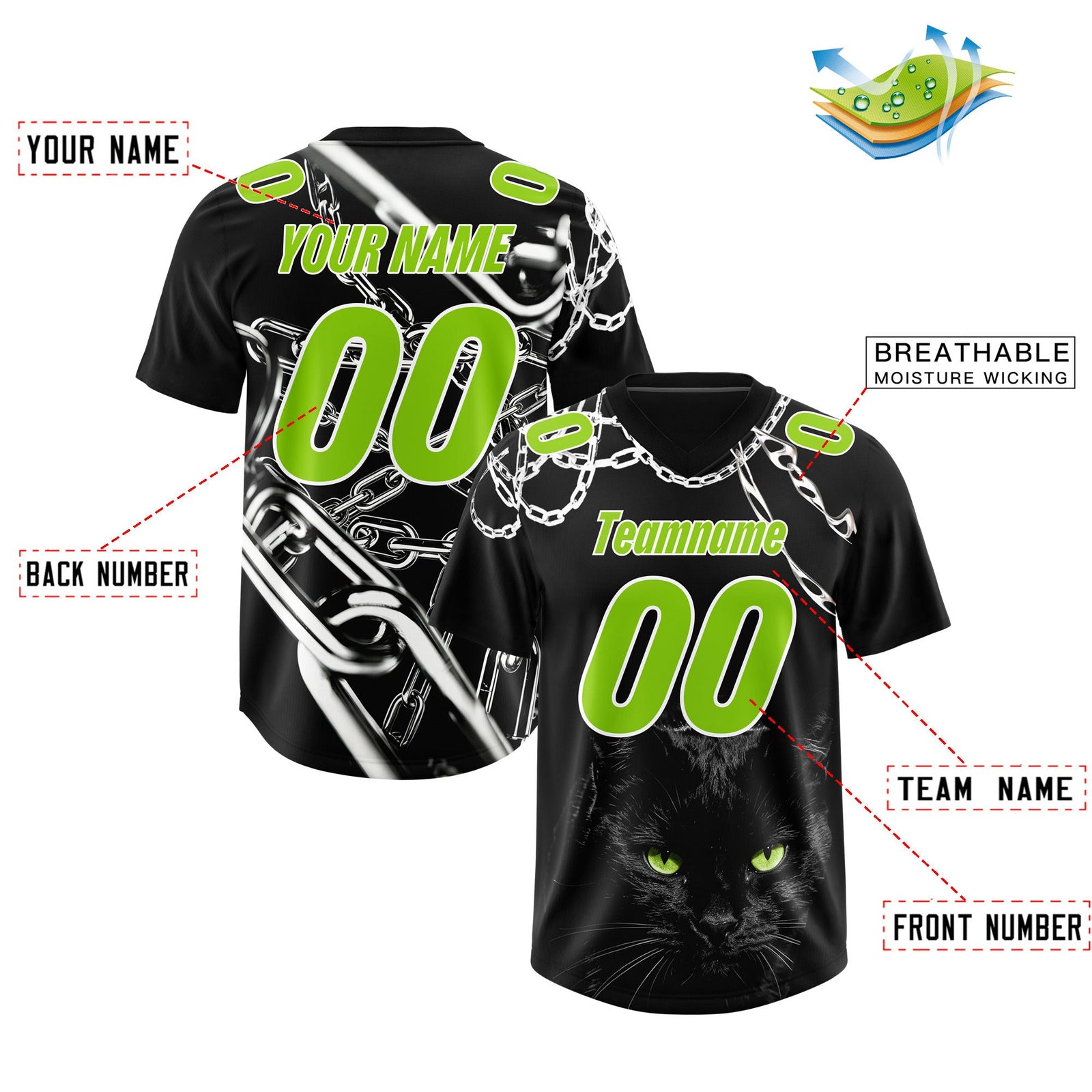 Custom Black Neon Green Graffiti Pattern Chains Football Jersey| KXKSHOP