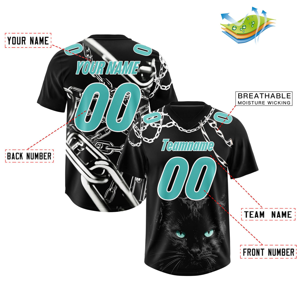 Custom Black Teal Graffiti Pattern Chains Football Jersey| KXKSHOP