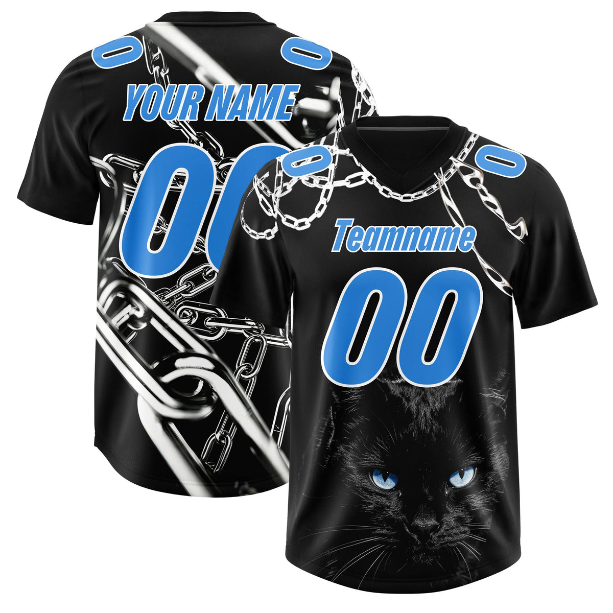 Custom Black Light Blue Graffiti Pattern Chains Football Jersey| KXKSHOP