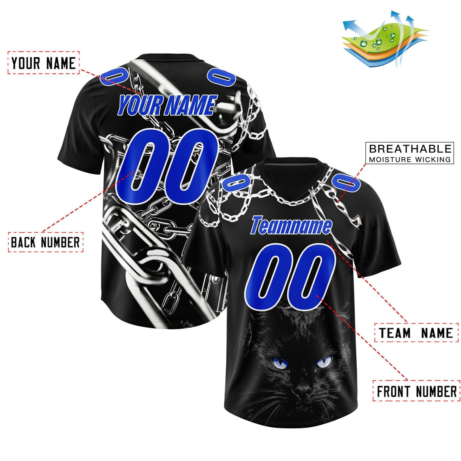 Custom Black Blue Graffiti Pattern Chains Football Jersey| KXKSHOP