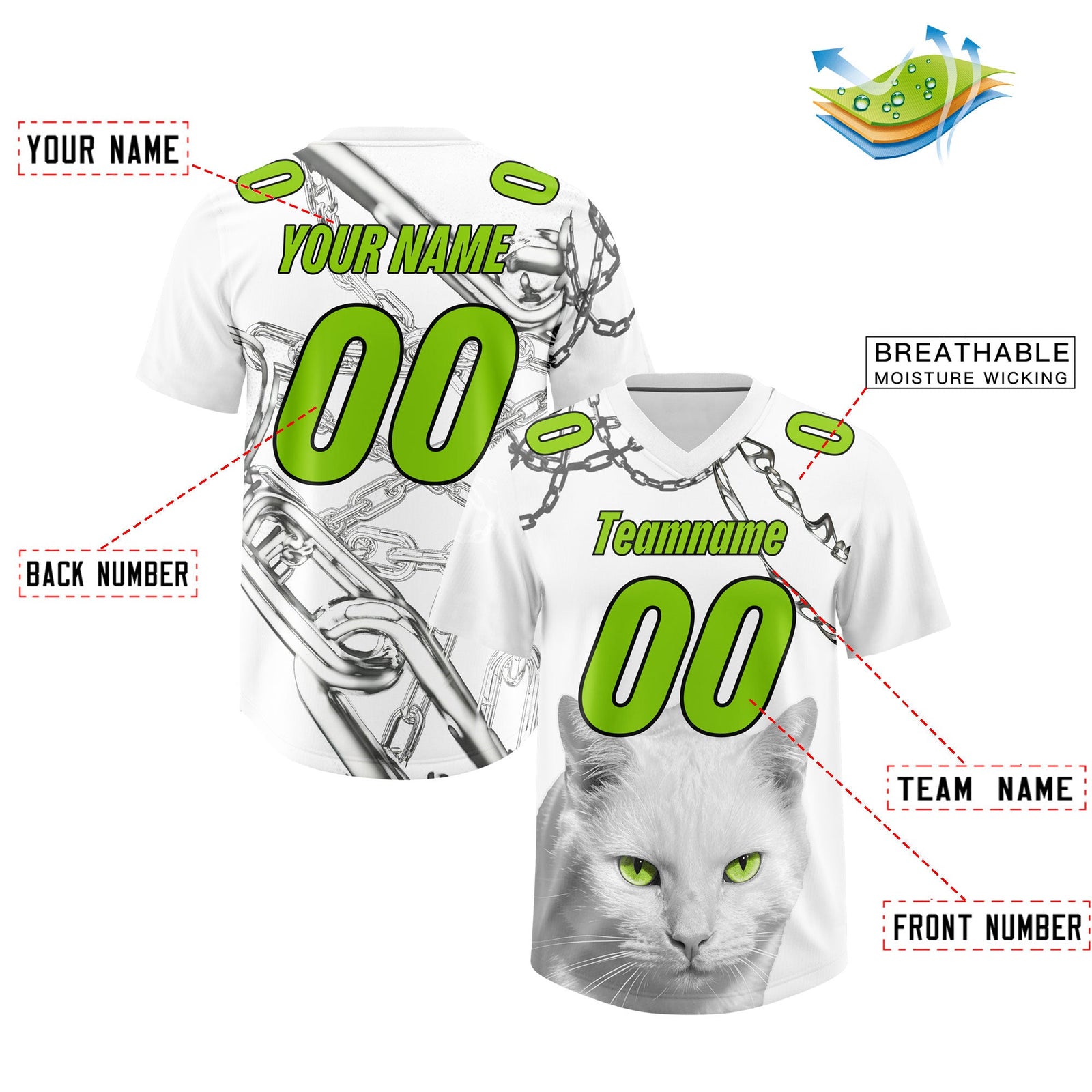 Custom White Neon Green Graffiti Pattern Chains Football Jersey| KXKSHOP