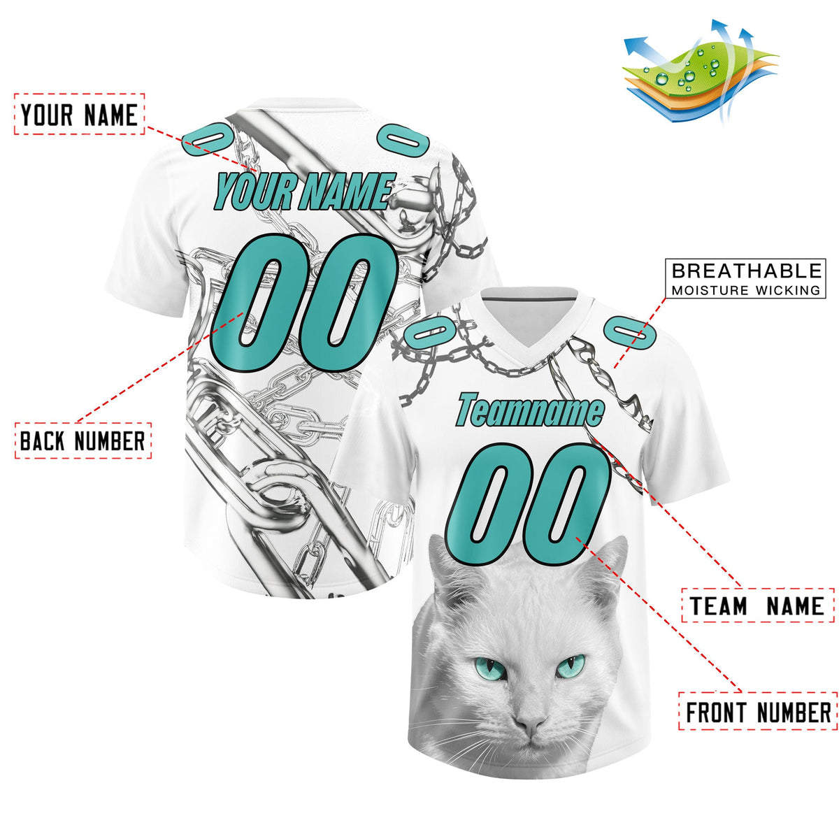 Custom White Teal Graffiti Pattern Chains Football Jersey| KXKSHOP