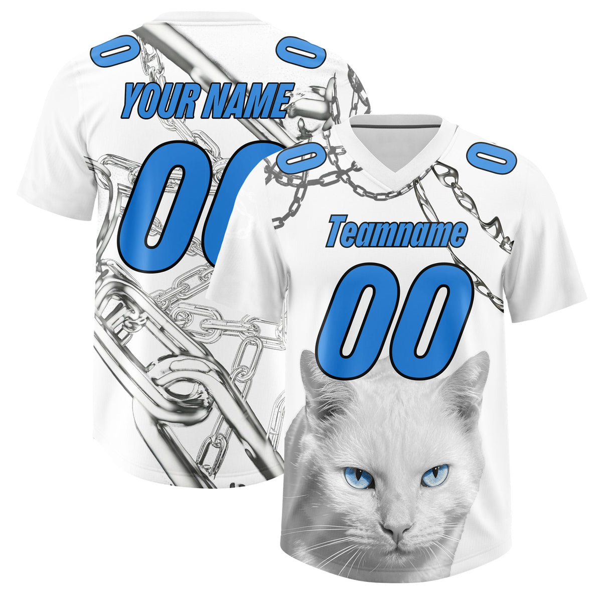 Custom White Light Blue Graffiti Pattern Chains Football Jersey| KXKSHOP