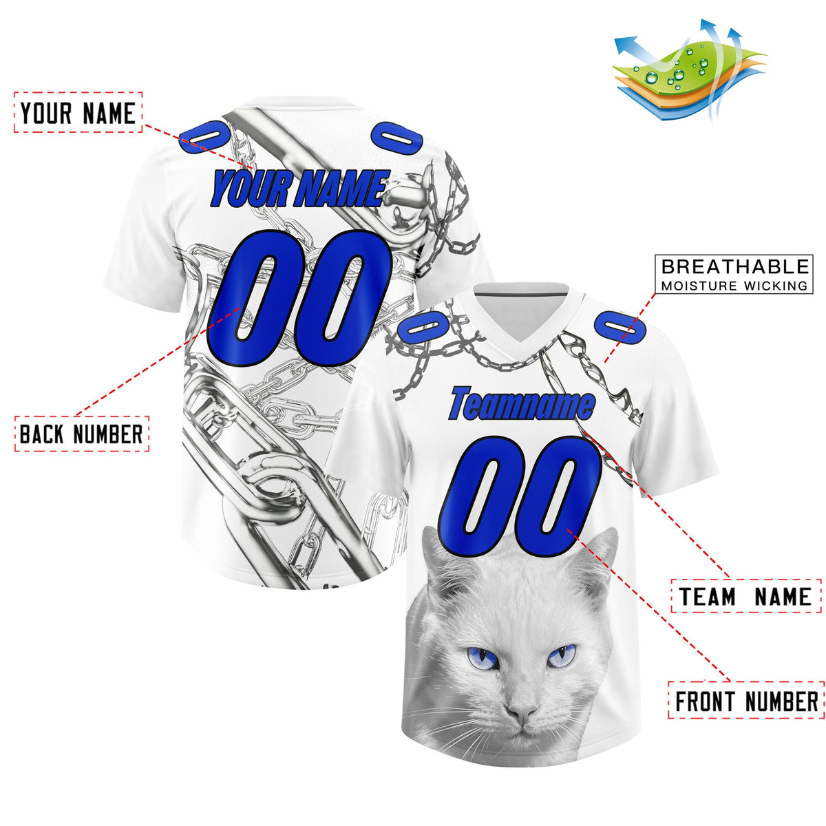 Custom White Blue Graffiti Pattern Chains Football Jersey| KXKSHOP