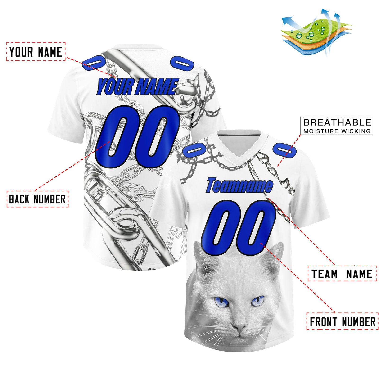 Custom White Blue Graffiti Pattern Chains Football Jersey| KXKSHOP