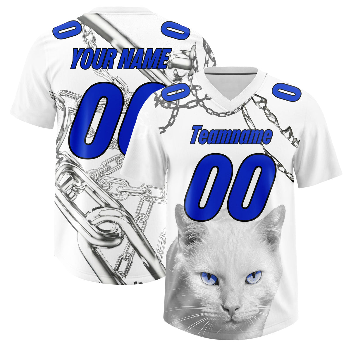Custom White Blue Graffiti Pattern Chains Football Jersey| KXKSHOP