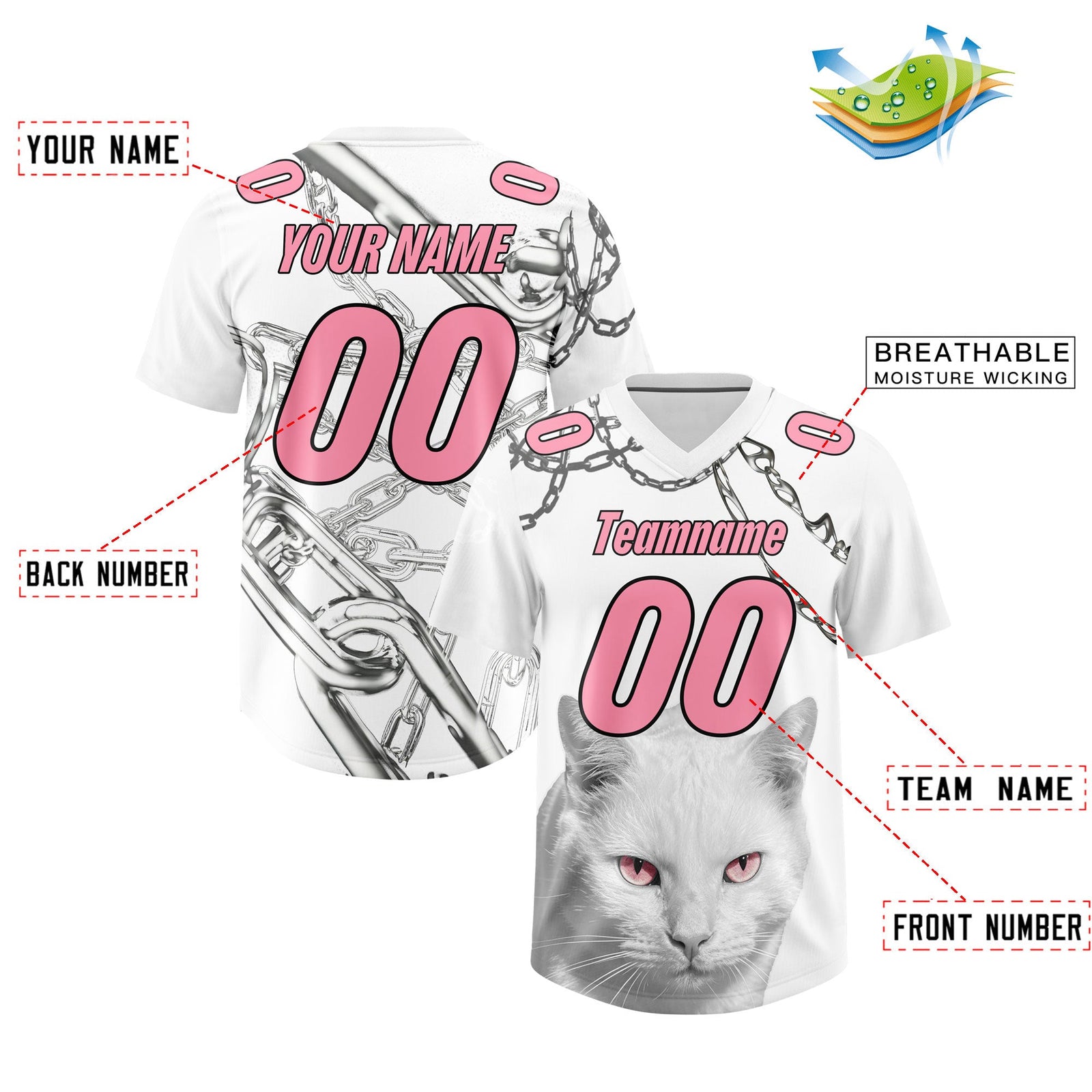 Custom White Light Pink Graffiti Pattern Chains Football Jersey| KXKSHOP