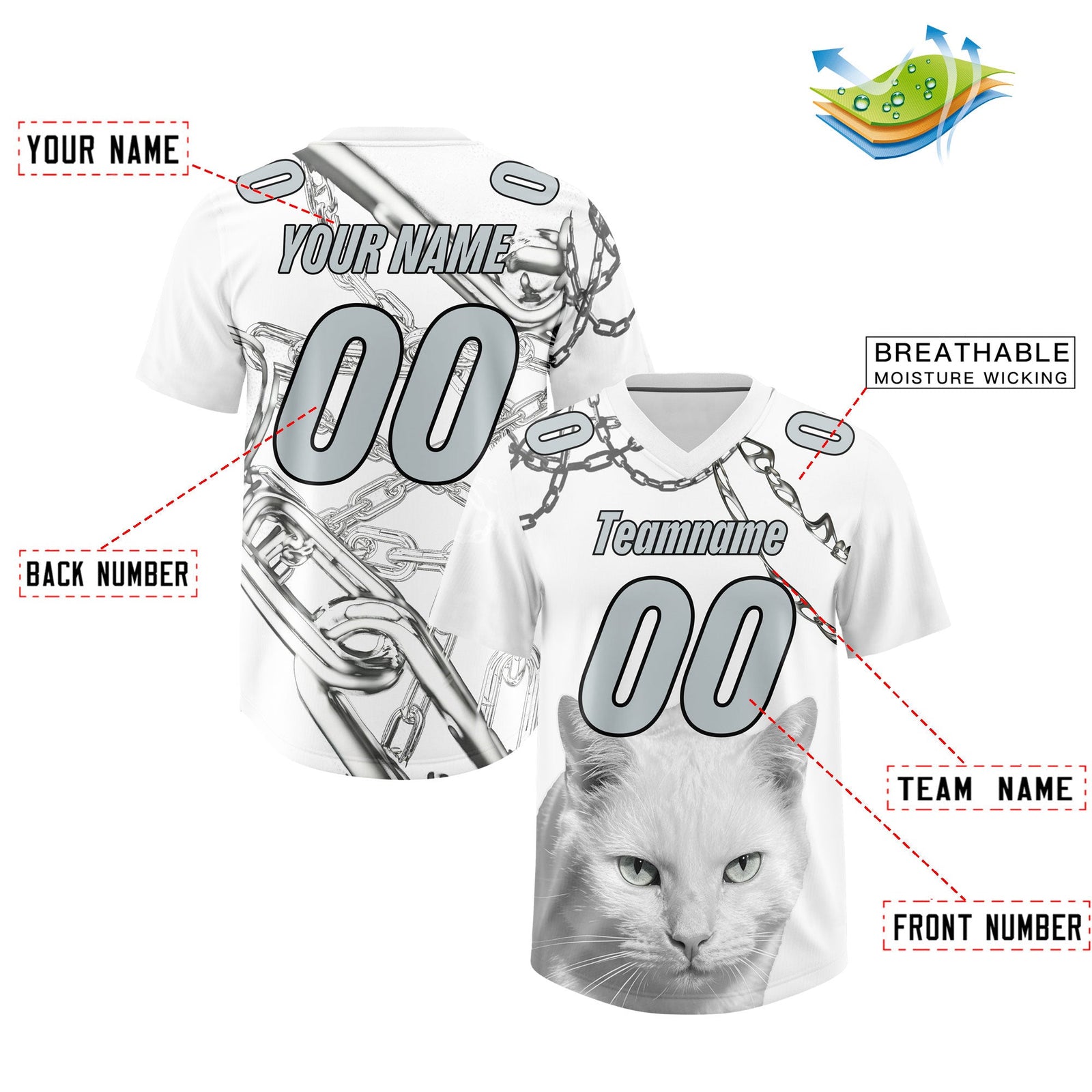 Custom White Silver Graffiti Pattern Chains Football Jersey| KXKSHOP