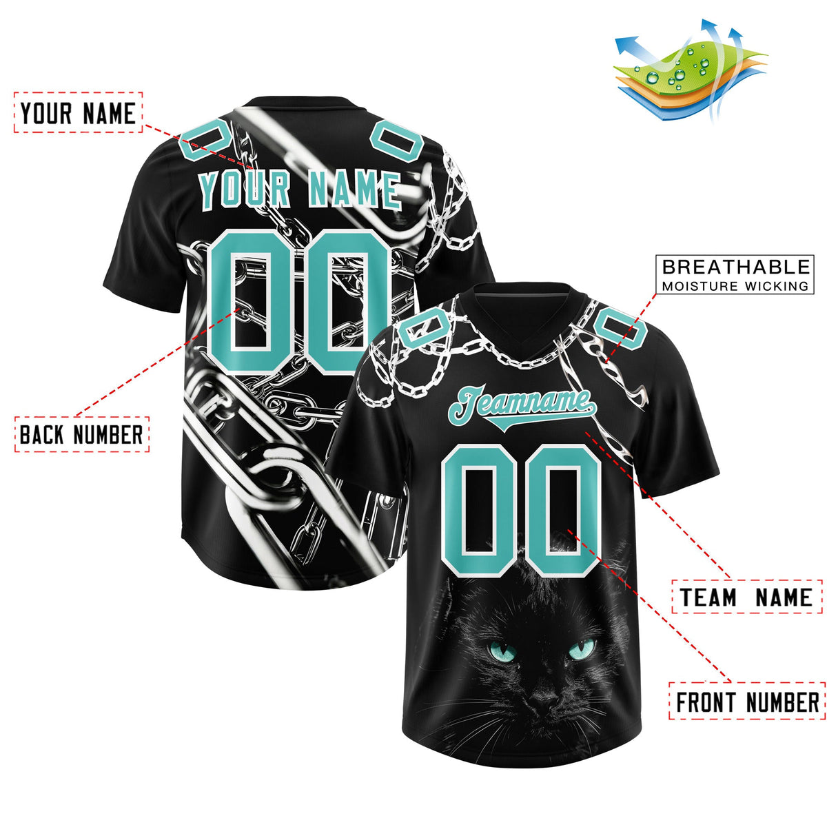 Custom Black Teal Graffiti Pattern Chains Football Jersey| KXKSHOP
