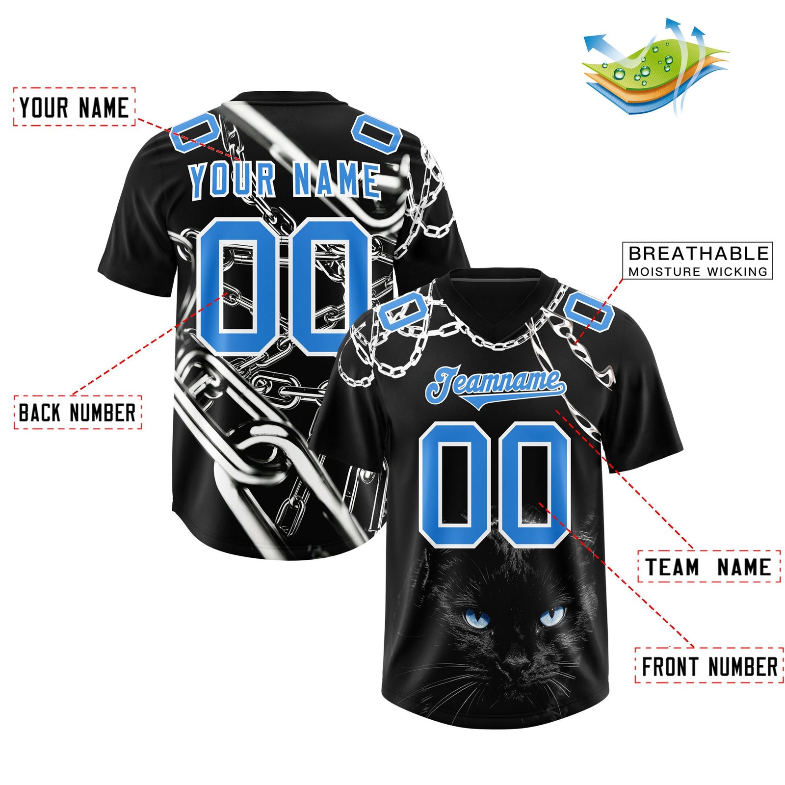 Custom Black Light Blue Graffiti Pattern Chains Football Jersey| KXKSHOP