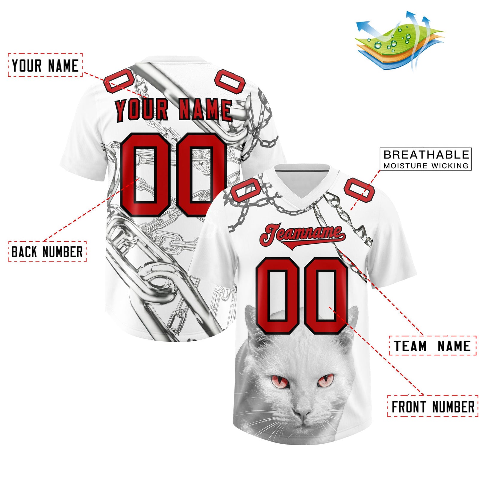 Custom White Red Graffiti Pattern Chains Football Jersey| KXKSHOP