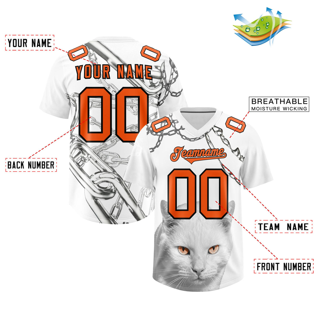 Custom White Orange Graffiti Pattern Chains Football Jersey| KXKSHOP