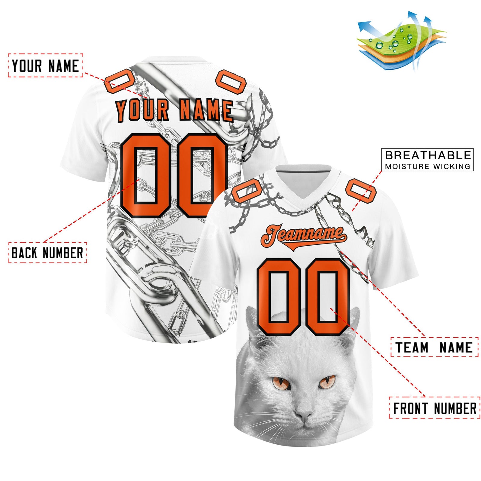 Custom White Orange Graffiti Pattern Chains Football Jersey| KXKSHOP