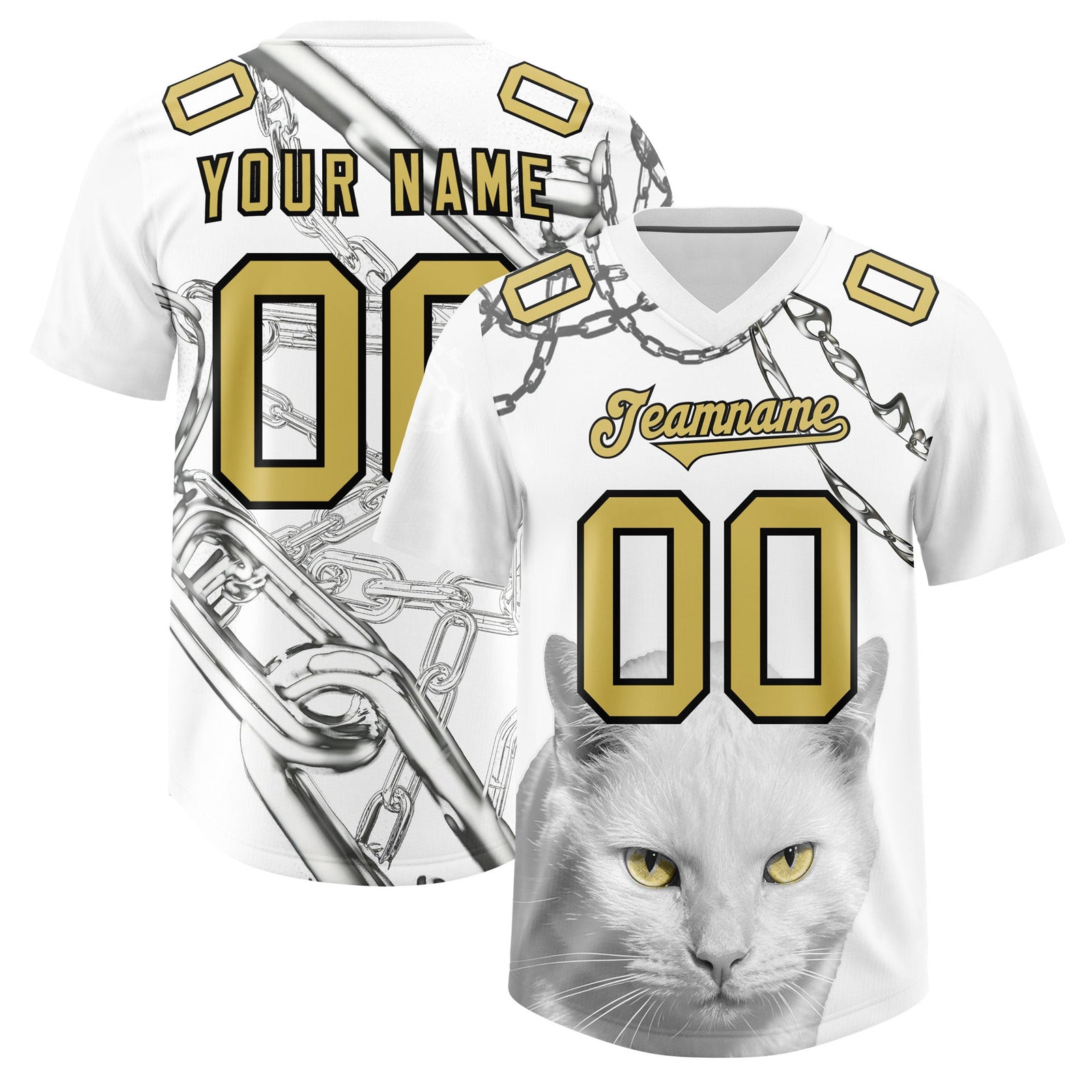 Custom White Old Gold Graffiti Pattern Chains Football Jersey| KXKSHOP