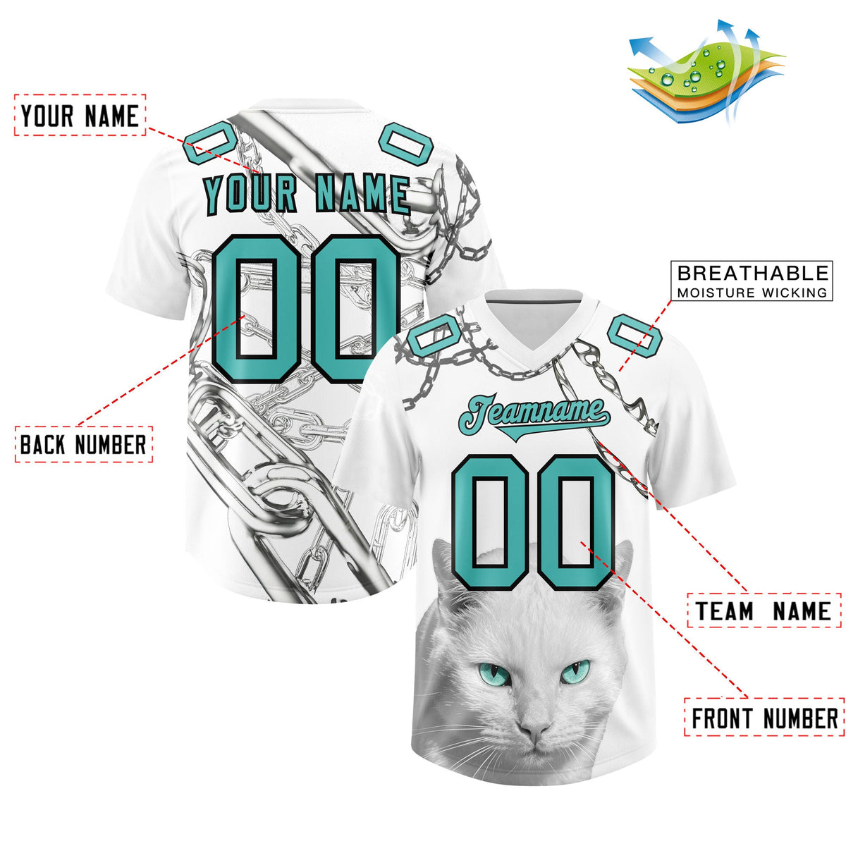 Custom White Teal Graffiti Pattern Chains Football Jersey| KXKSHOP