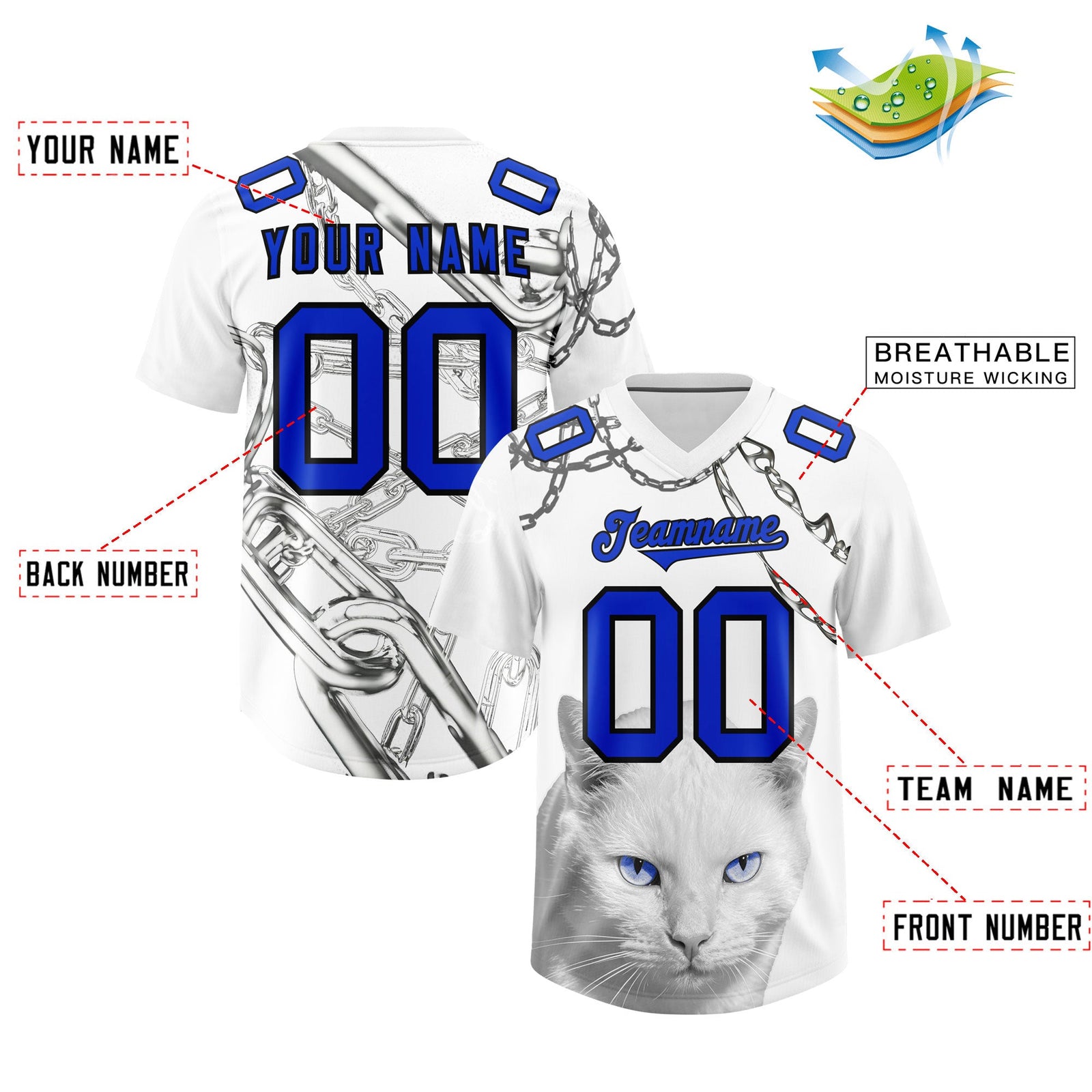 Custom White Blue Graffiti Pattern Chains Football Jersey| KXKSHOP