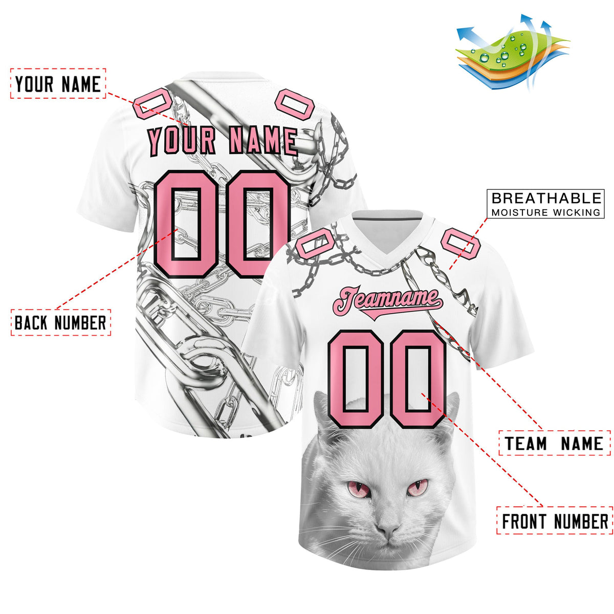 Custom White Light Pink Graffiti Pattern Chains Football Jersey| KXKSHOP