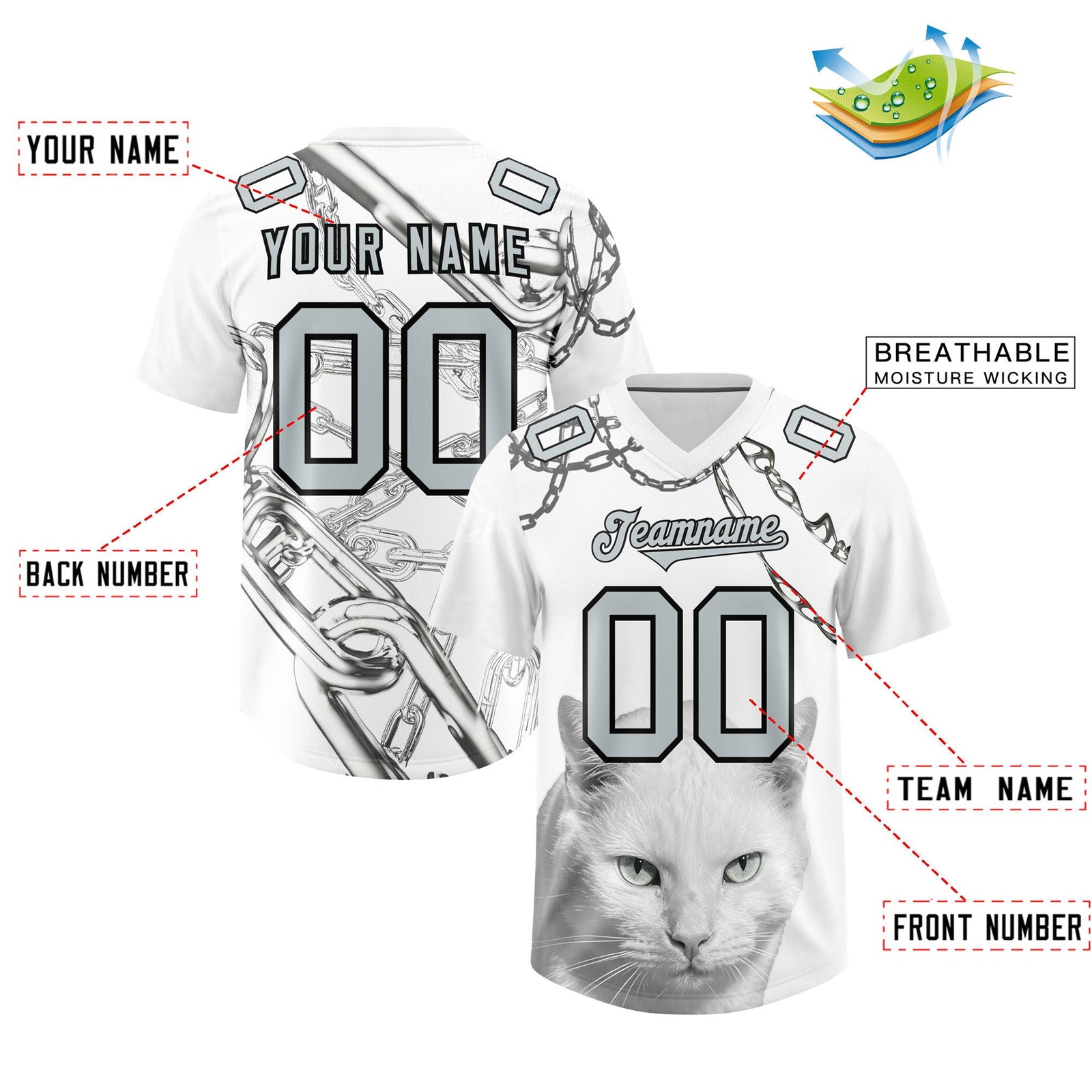 Custom White Silver Graffiti Pattern Chains Football Jersey| KXKSHOP