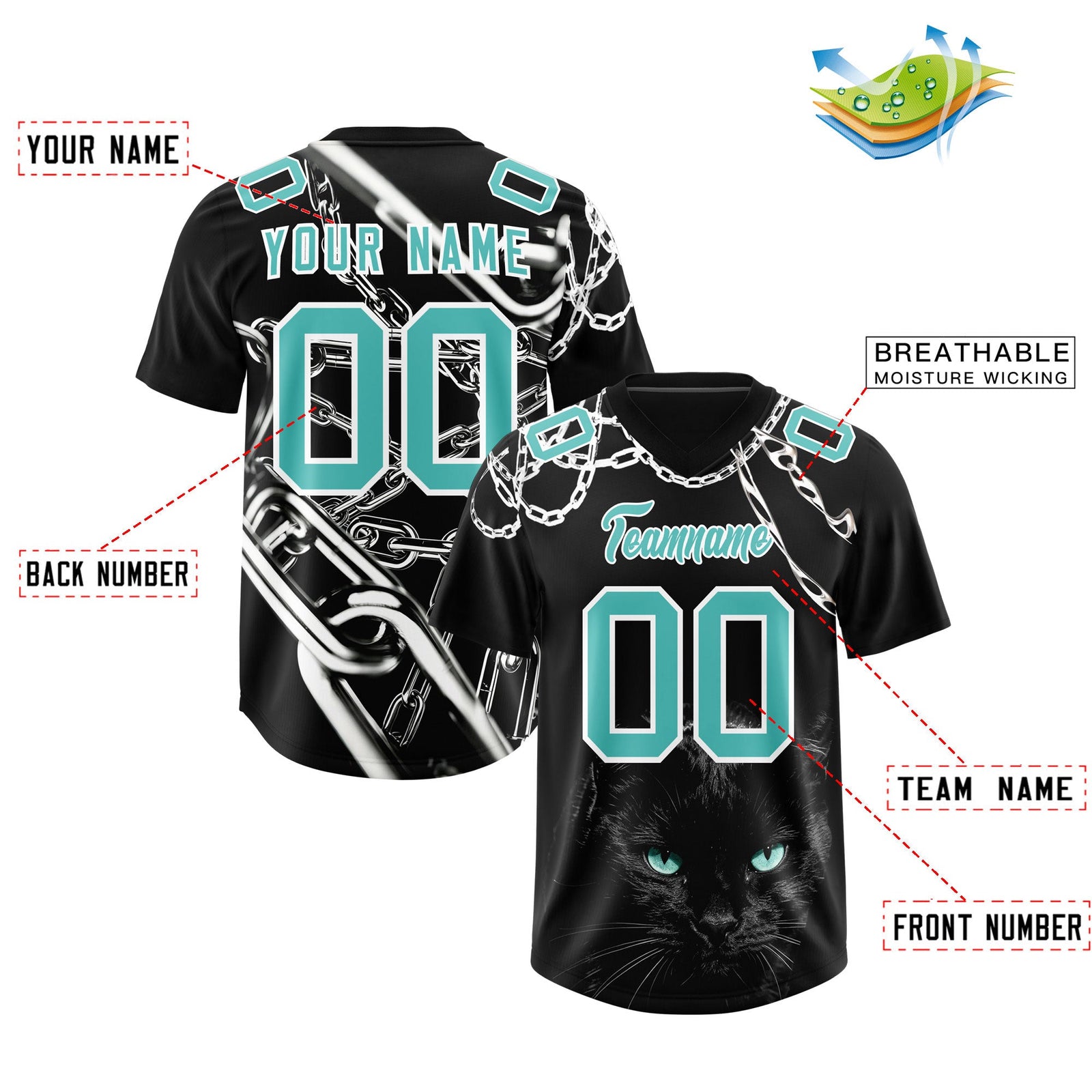 Custom Black Teal Graffiti Pattern Chains Football Jersey| KXKSHOP