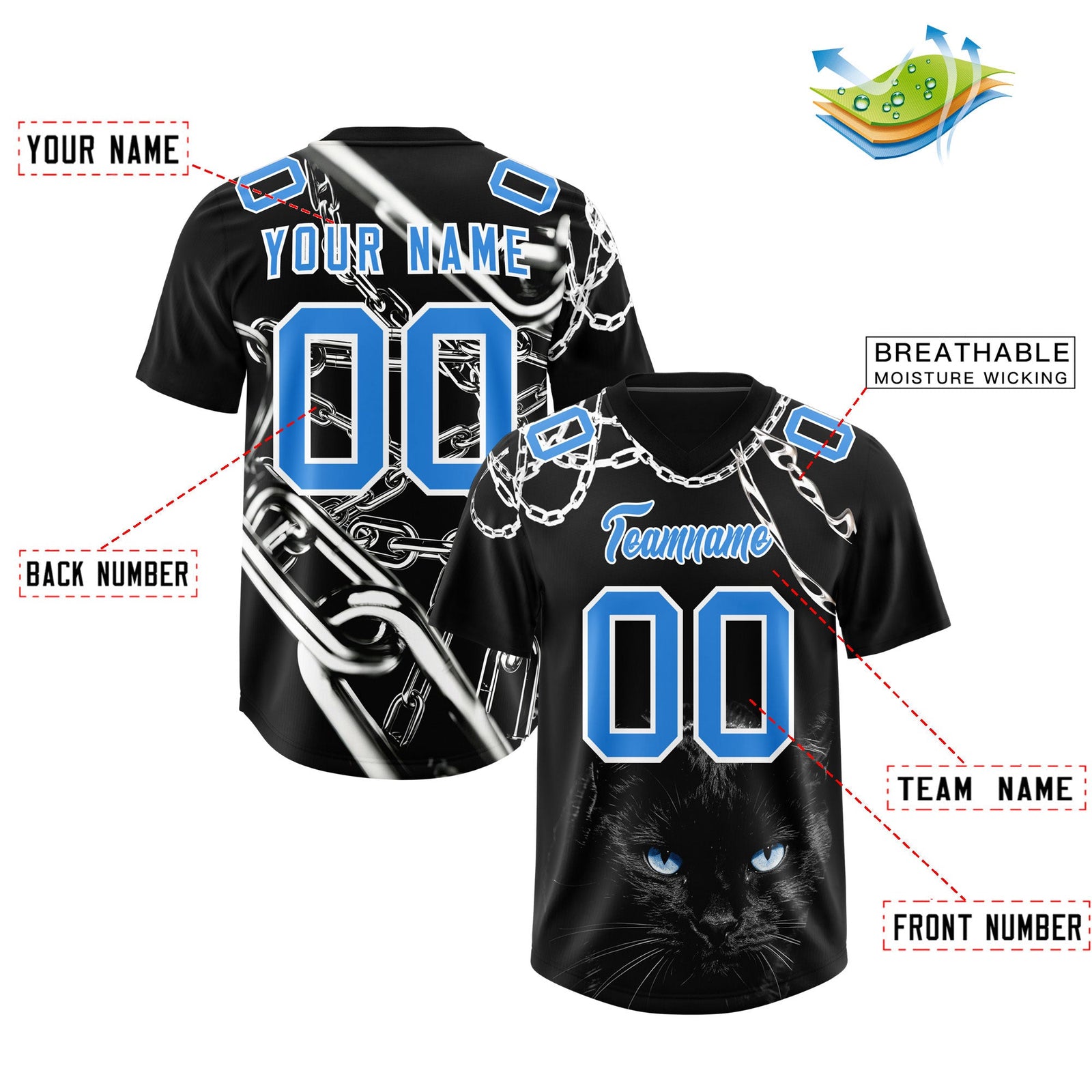 Custom Black Light Blue Graffiti Pattern Chains Football Jersey| KXKSHOP
