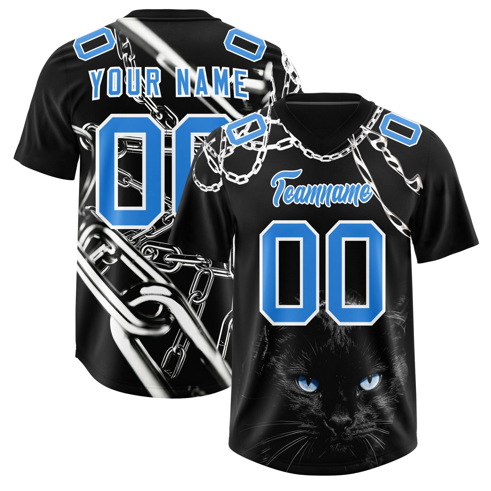 Custom Black Light Blue Graffiti Pattern Chains Football Jersey| KXKSHOP