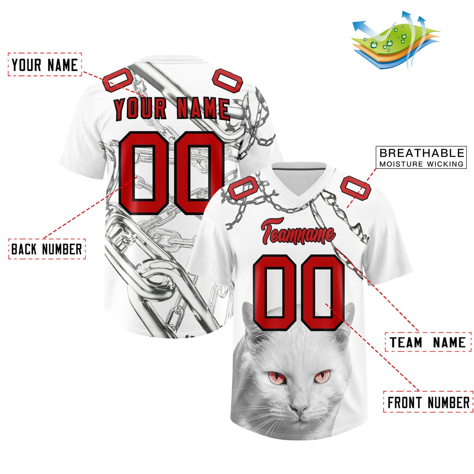 Custom White Red Graffiti Pattern Chains Football Jersey| KXKSHOP