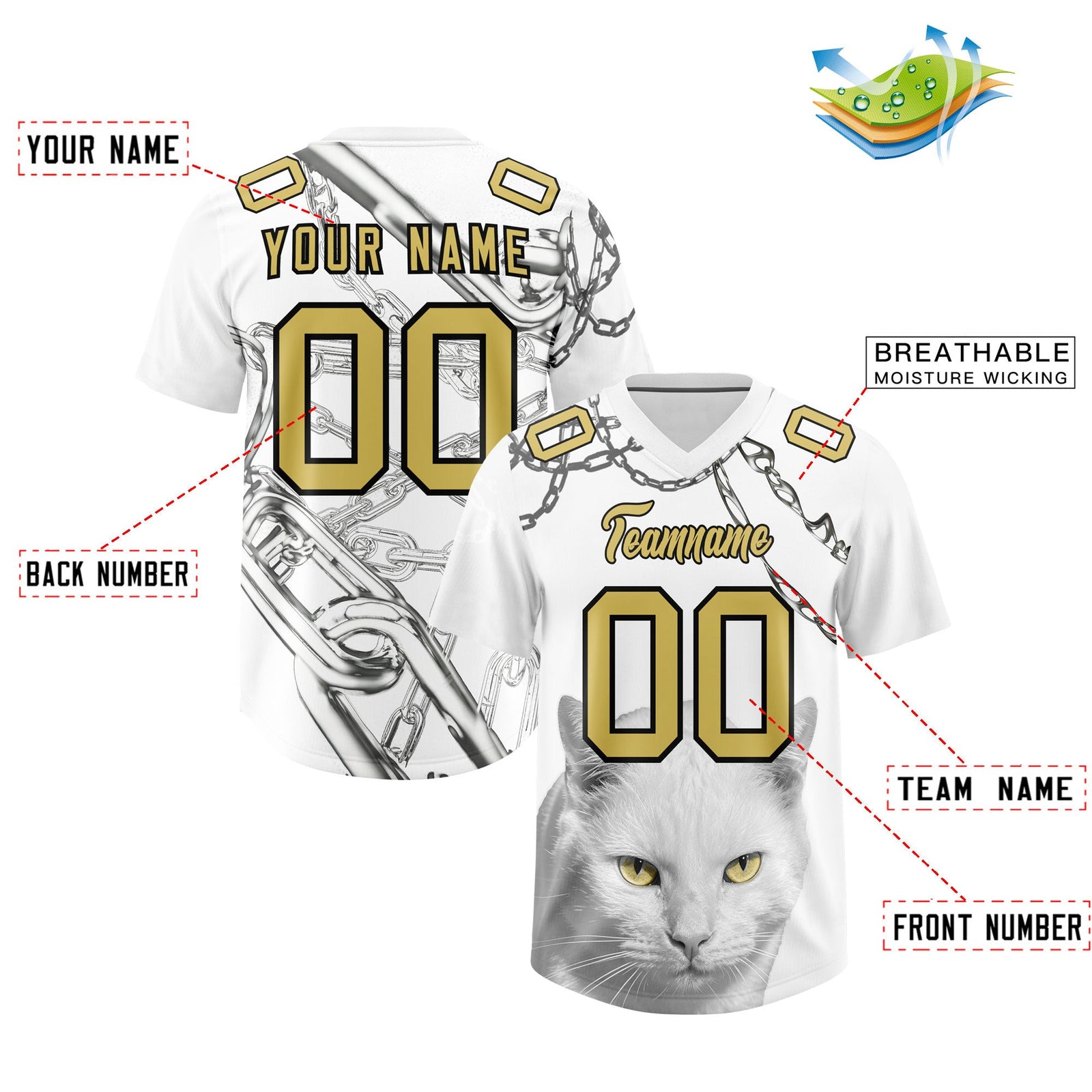 Custom White Old Gold Graffiti Pattern Chains Football Jersey| KXKSHOP