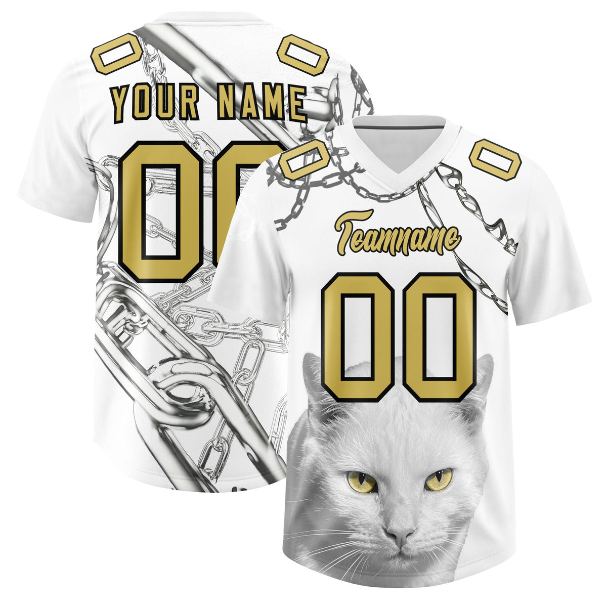 Custom White Old Gold Graffiti Pattern Chains Football Jersey| KXKSHOP