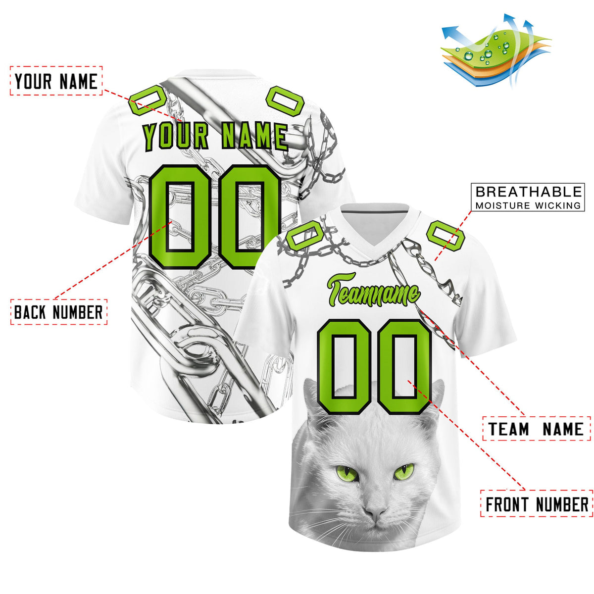Custom White Neon Green Graffiti Pattern Chains Football Jersey| KXKSHOP