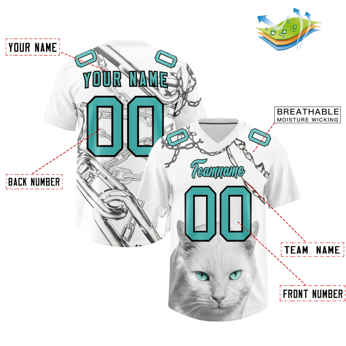 Custom White Teal Graffiti Pattern Chains Football Jersey| KXKSHOP