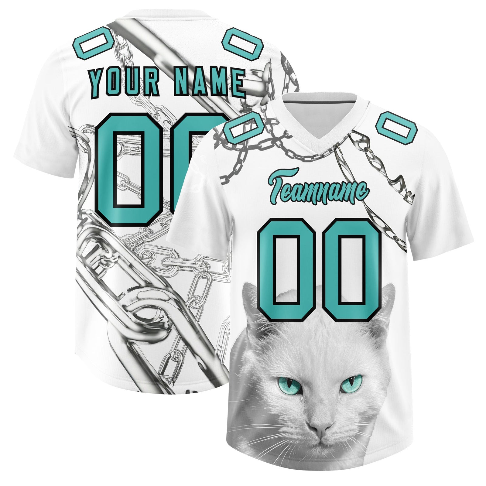 Custom White Teal Graffiti Pattern Chains Football Jersey| KXKSHOP